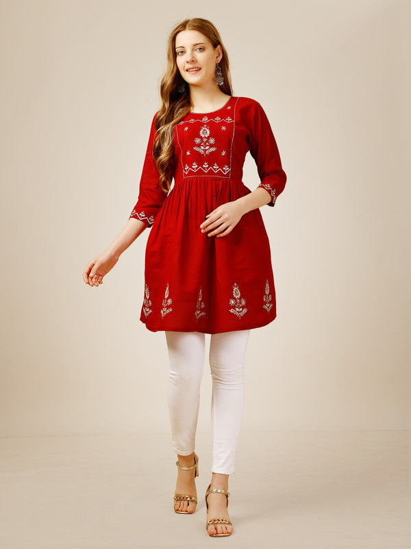 Women's Embroidered A-Line Red Tunic - Malishka Export