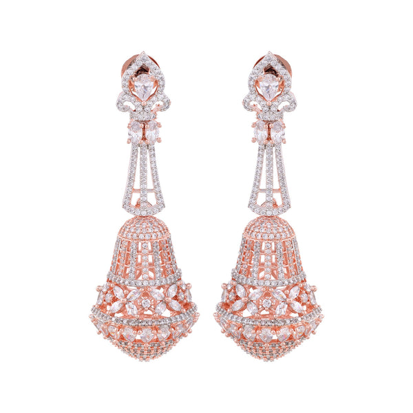 Rose Gold Plated With White American Diamond Studded Handcrafted Bell Shaped Jhumka for Women and Girls - Saraf RS Jewellery