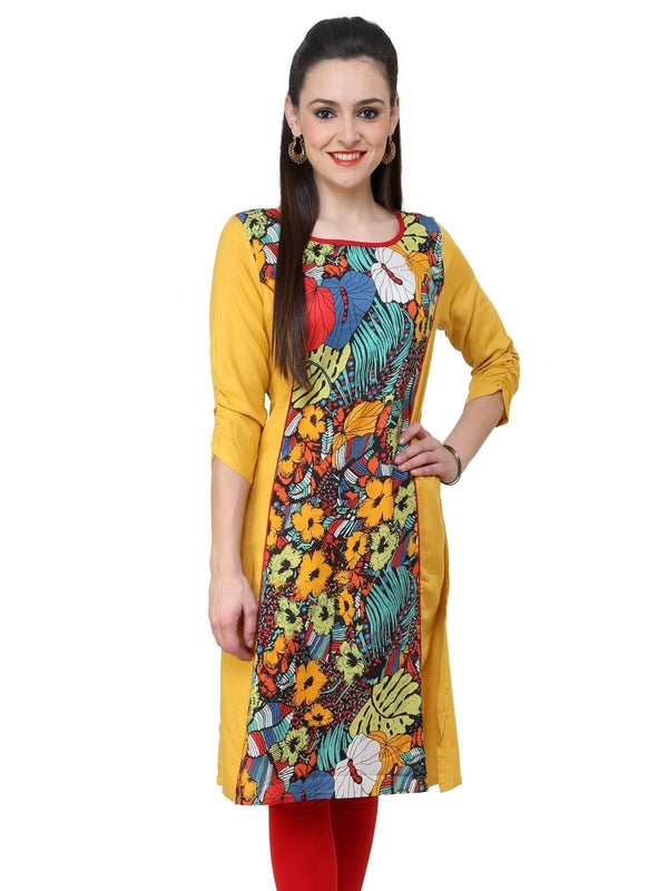 Women's Mustard Multi Floral A Line kurti - Pannkh