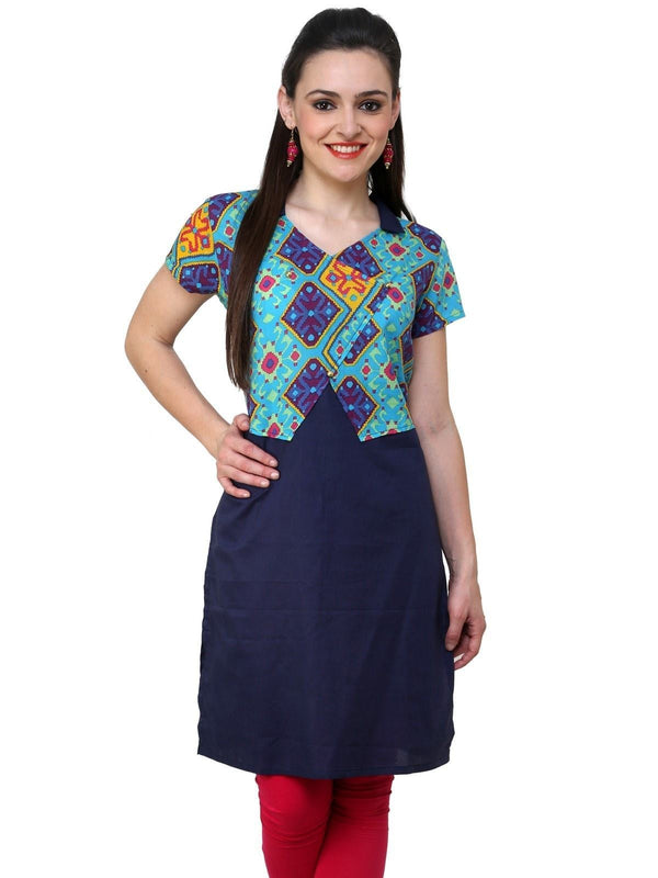 Women's Blue Diamond Print Waist Coat Kurti - Pannkh