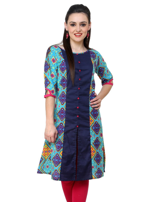 Women's Blue Diamond Panelled Kurti - Pannkh