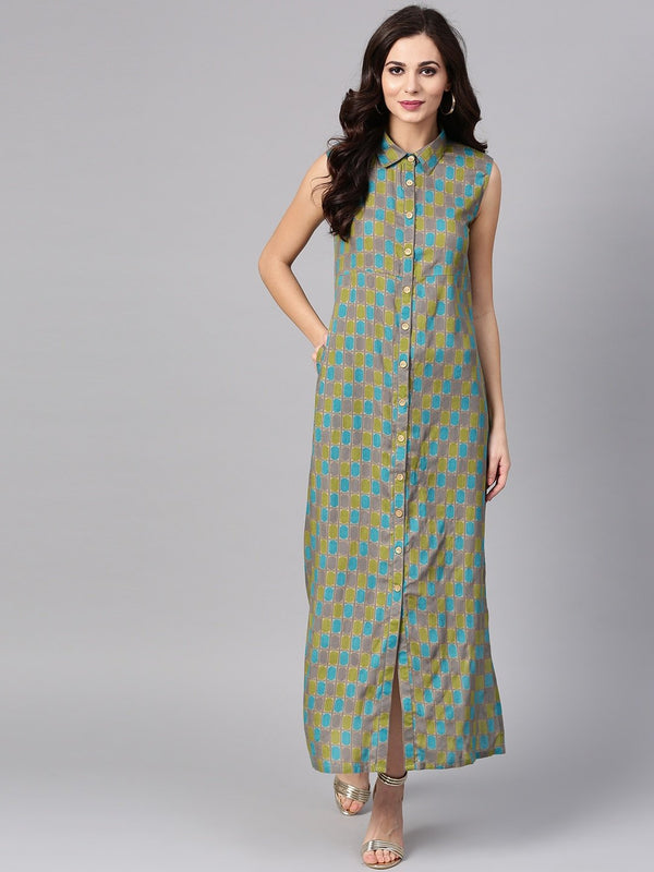 Women's  Grey & Green Printed Maxi Shirt Dress - AKS