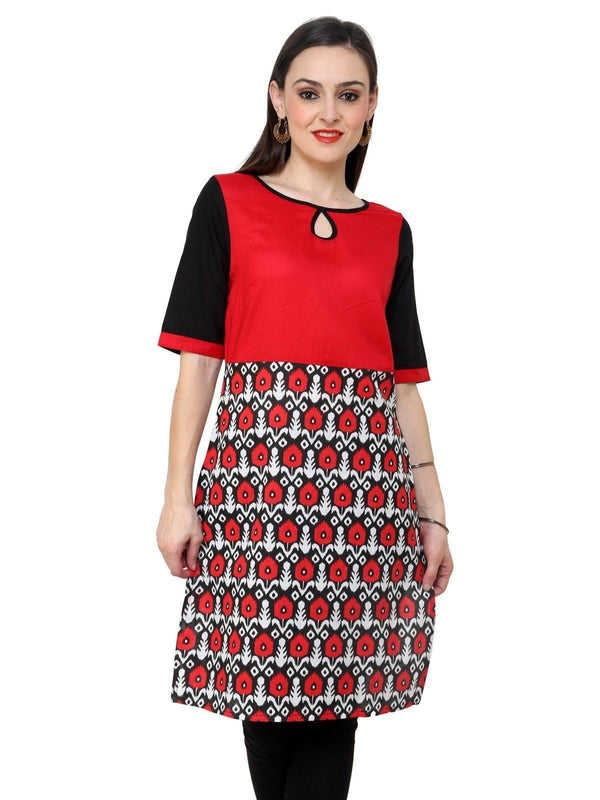 Women's Red Black Print Keyhole Kurti - Pannkh