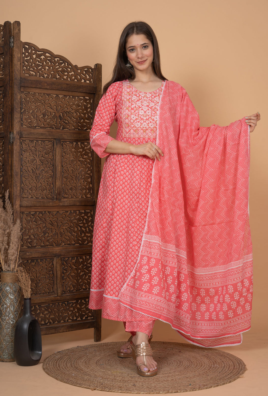 Women's Anarkali Pink Cotton Printed Embroidered Kurta Pants And Dupatta Set - Singni