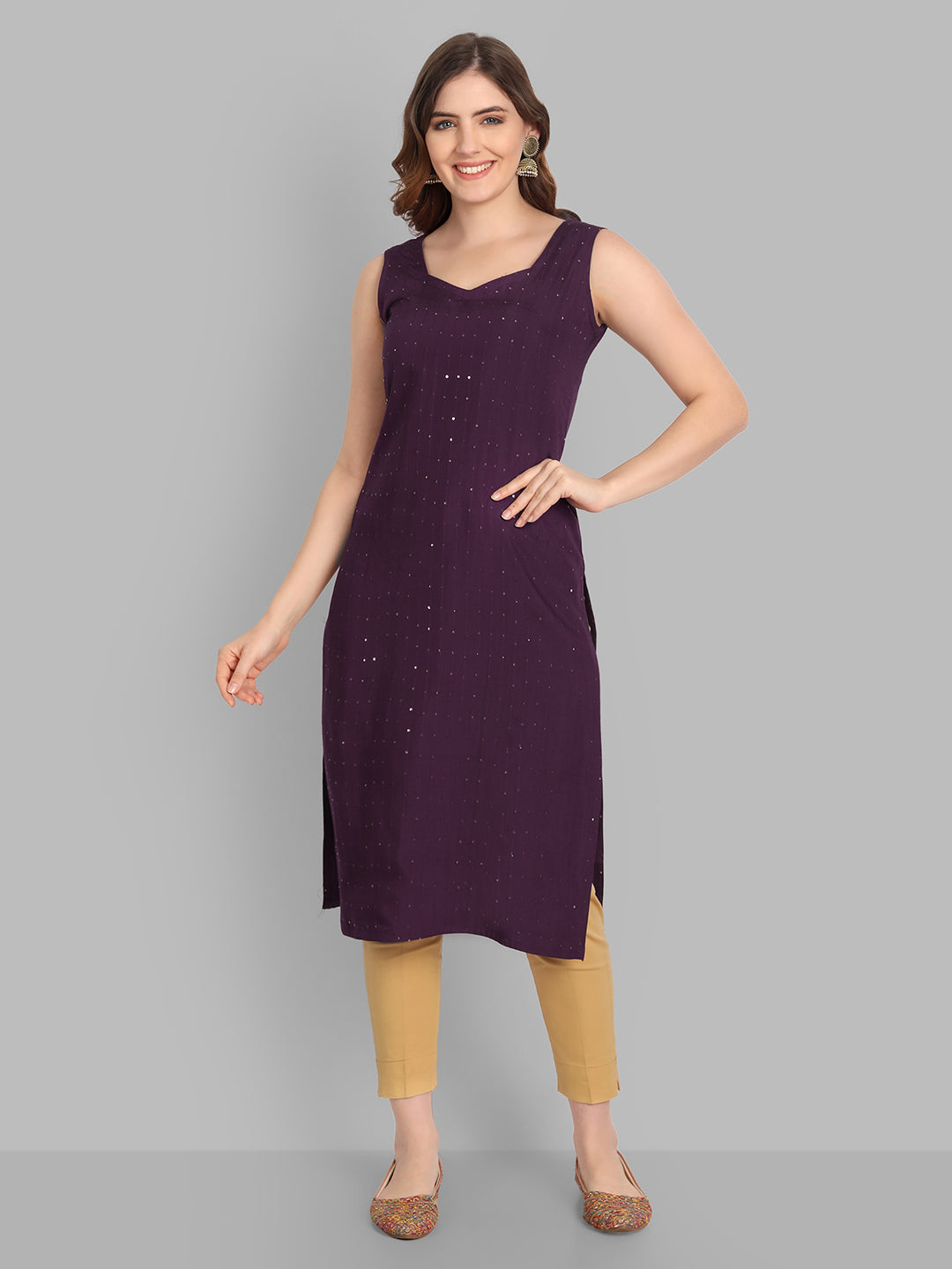 Women's Purple Chanderi Straight Sequence Kurta - Singni