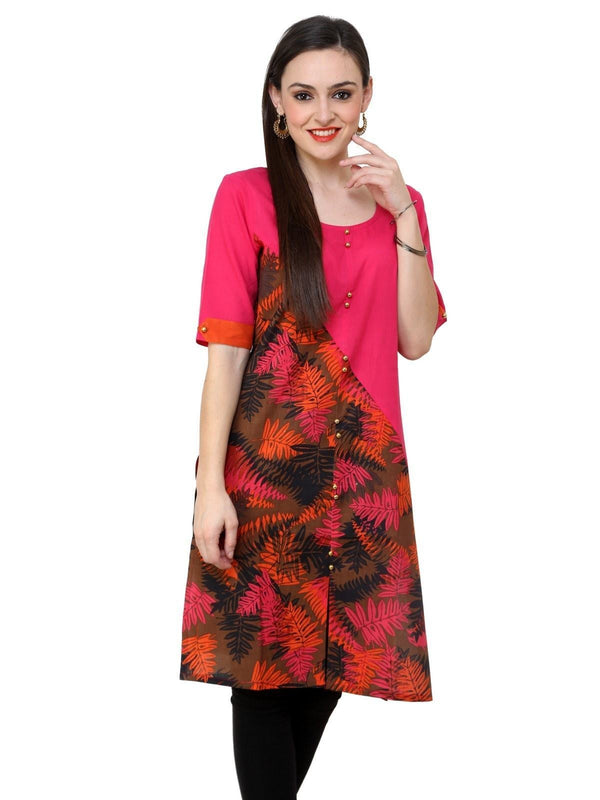 Women's Leaf Print Diagonal Cut Kurti - Pannkh