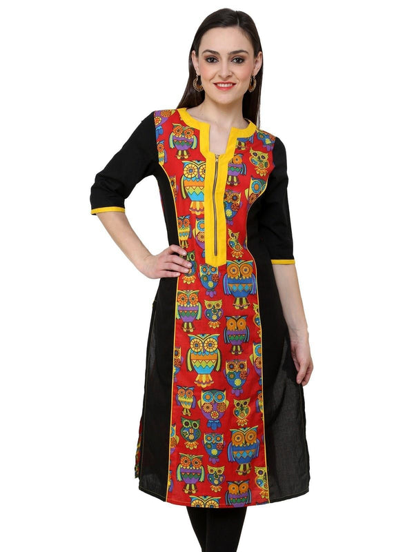 Women's Red Owl Print Zipper Kurti - Pannkh