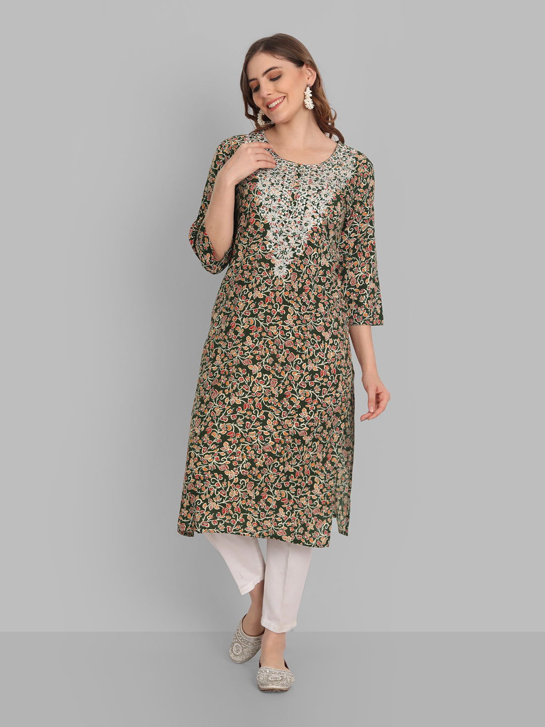 Women's Rayon Straight Printed Embroidered Kurta And Pant Set - Singni