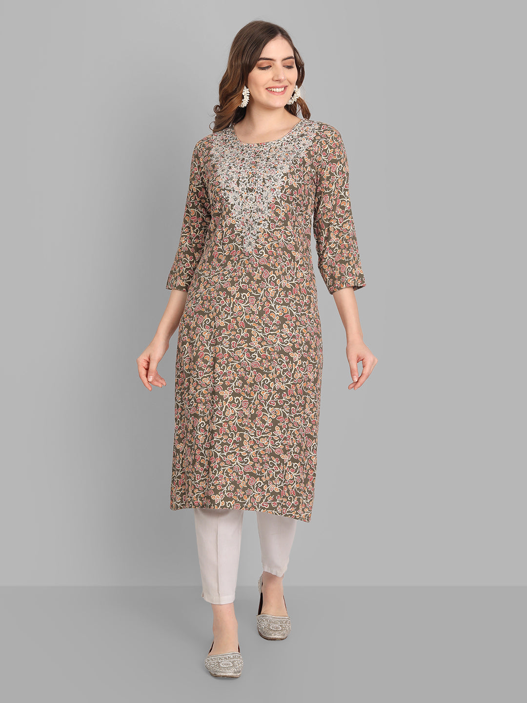 Women's Rayon Straight Printed Embroidered Kurta And Pant Set - Singni