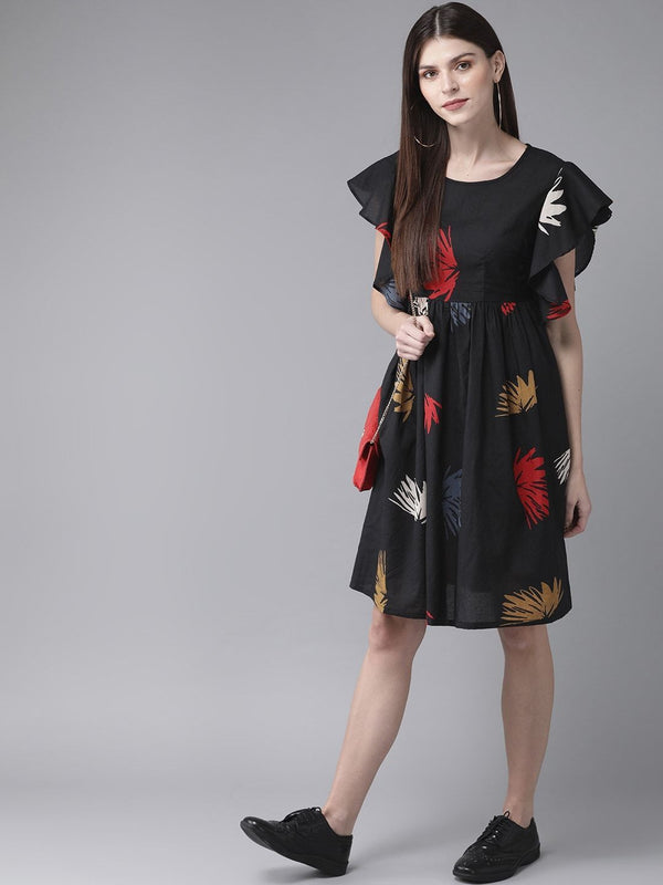 Women's  Black & Red Printed A-Line Dress - AKS