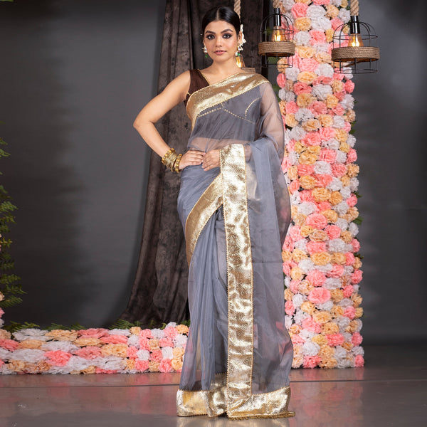 Women's Steel Grey Organza Saree With Gold Gota Border And  Fringe Lace - Boveee