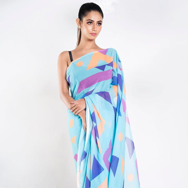 Women's Carol Georgette Digital Printed Saree In Blue Color - Boveee