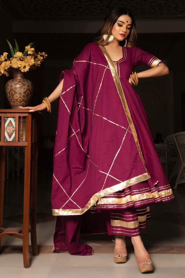 Women's BURGUNDY PURE COTTON ANARKALI SET - Pomcha Jaipur