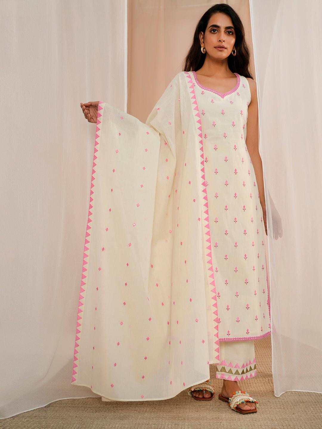 Off White Embroidered Cotton Straight Suit With Dupatta - Jashvi