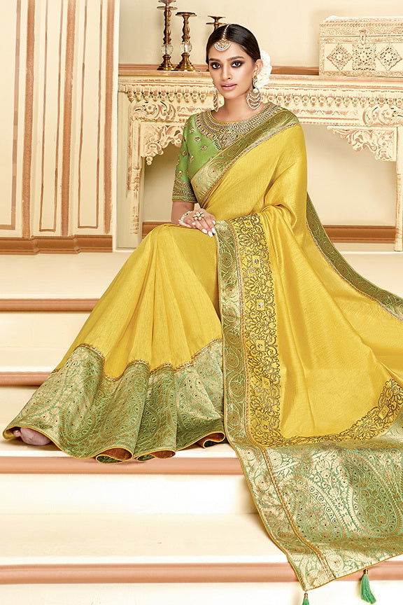 Yellow Satin Silk Embroidered Saree with Unstitched Blouse