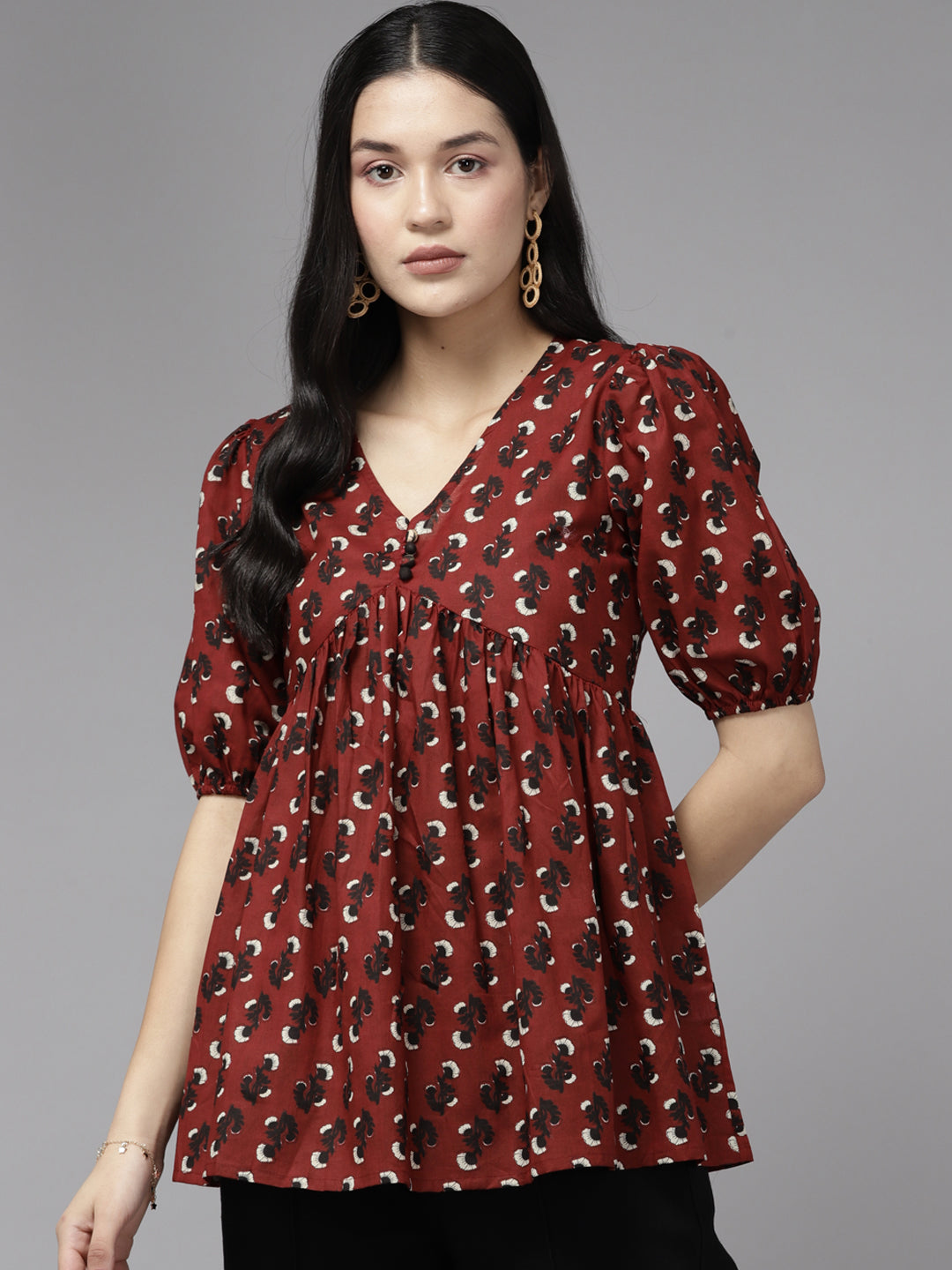 Women's Red Floral Fit And Flare Top - Yufta