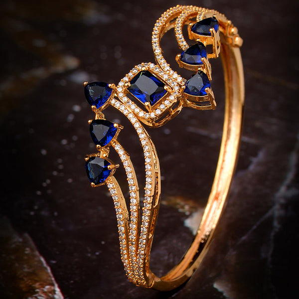 Gold Plated With Blue American Diamond Studded Handcrafted Stylish Bracelet For Women And Girls - Saraf Rs Jewellery