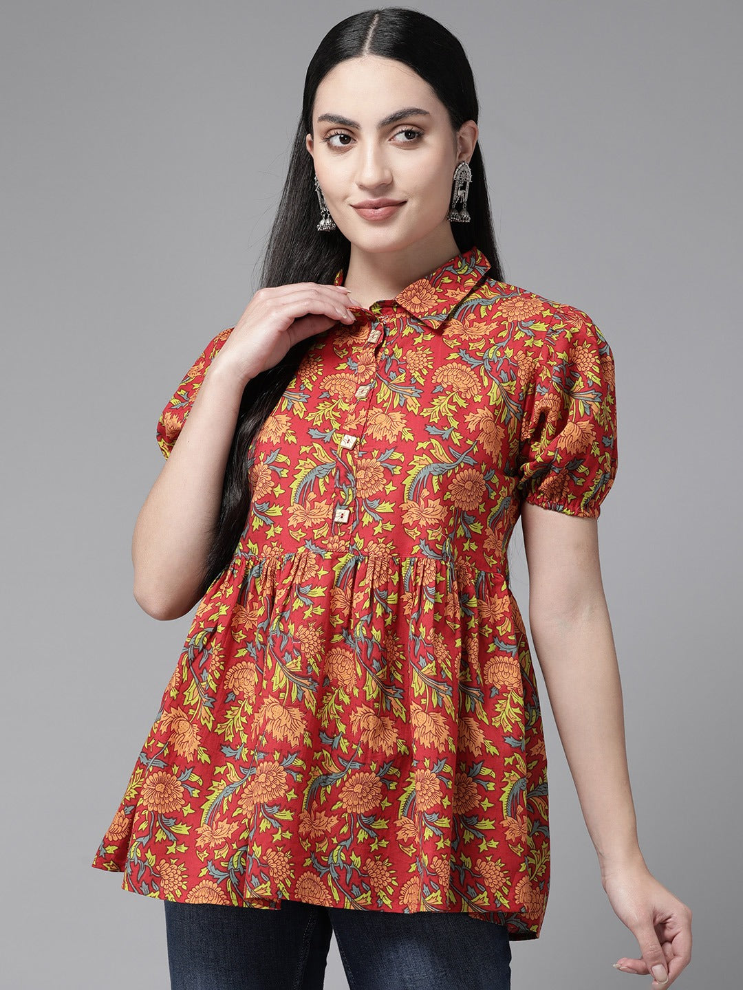 Women's Red Floral Peplum Top - Yufta