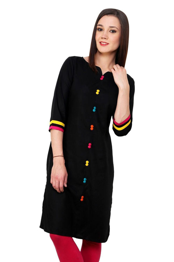 Women's Black Multi Color Button Kurti - Pannkh