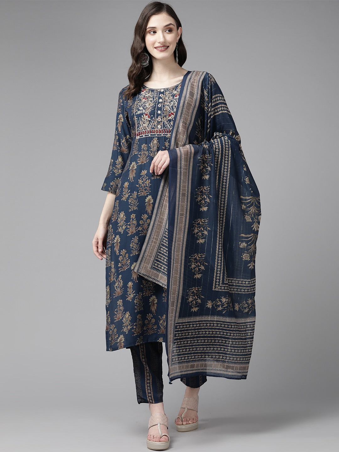 Women's Blue Printed Straight Kurta Trousers And Dupatta Set - Yufta