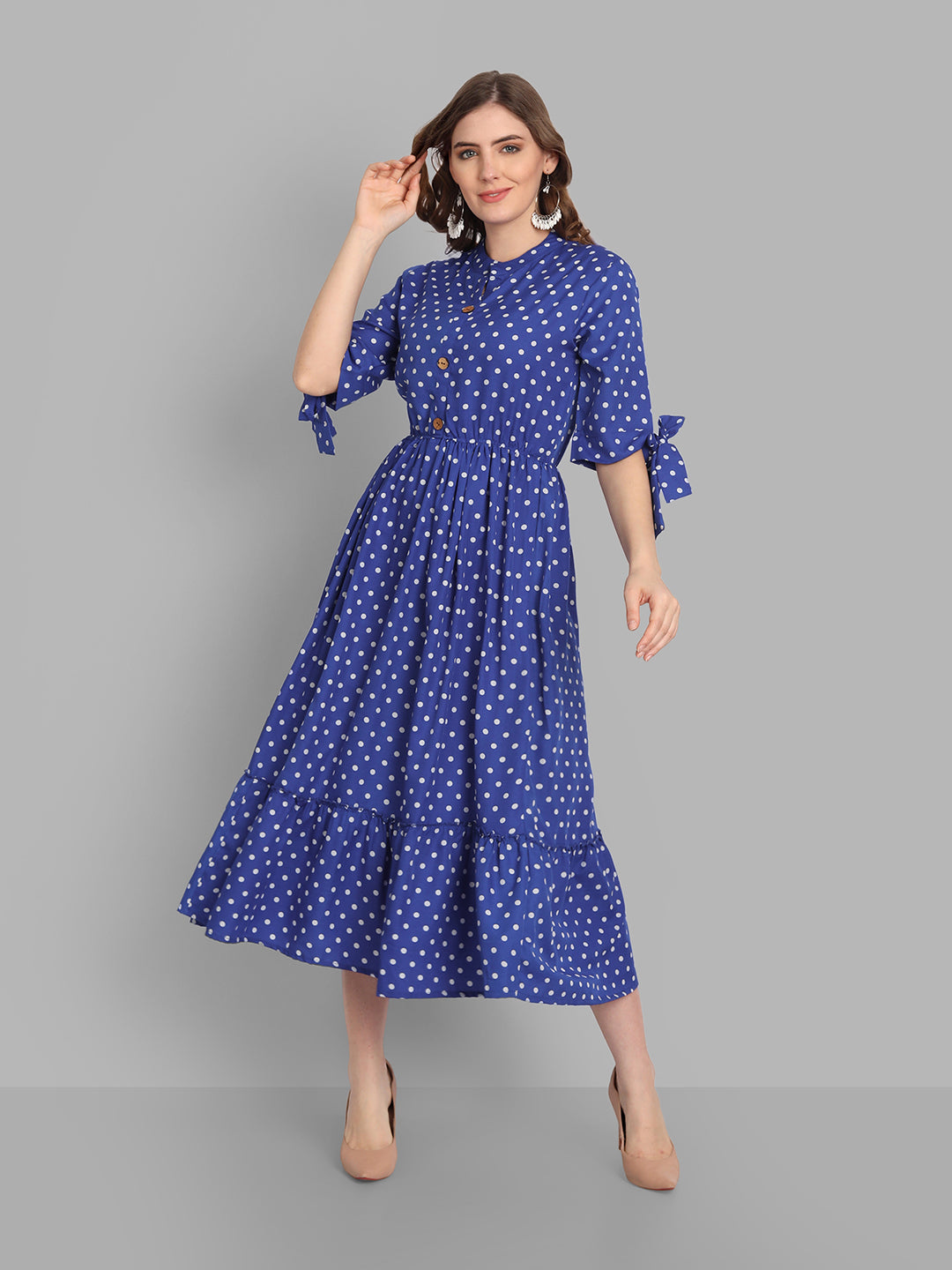 Women's Blue Polka Dots Printed Crepe Dress - Singni