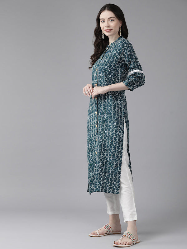 Women's Teal Blue Printed Straight Kurta - Yufta