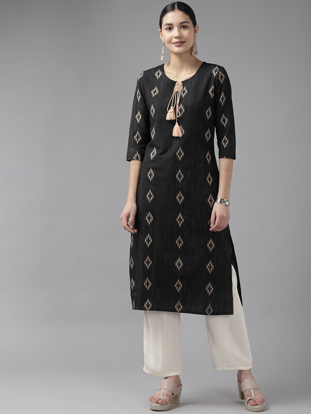 Women's Black Woven Design Straight Kurta - Yufta