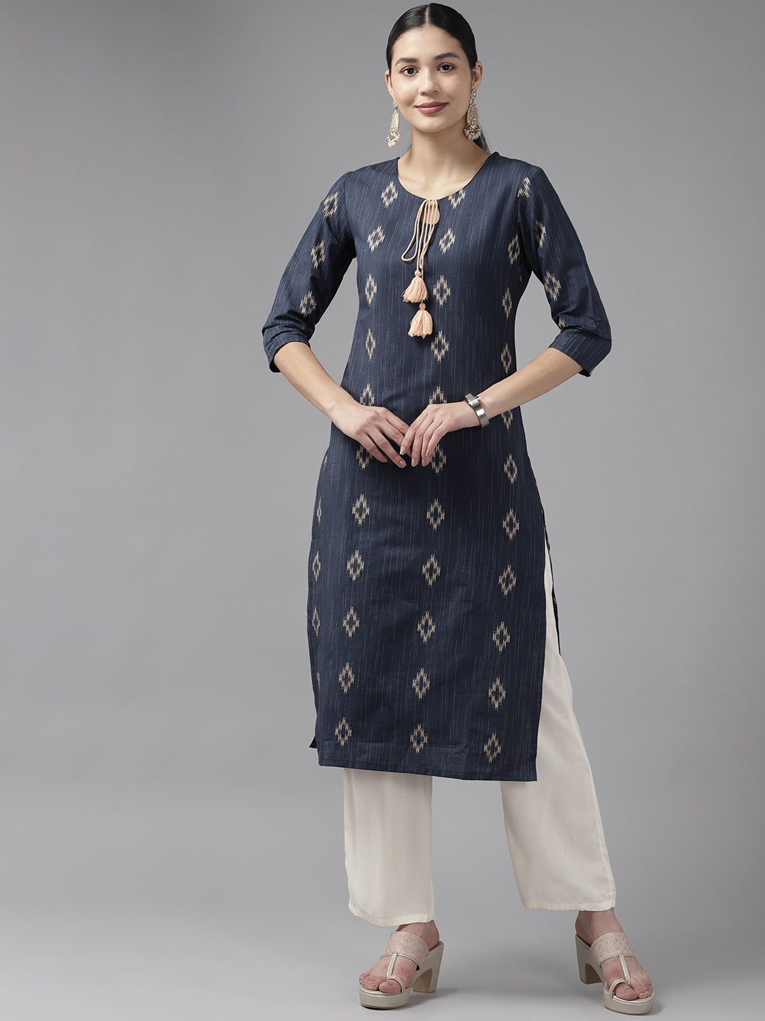 Women's Blue Woven Design Straight Kurta - Yufta