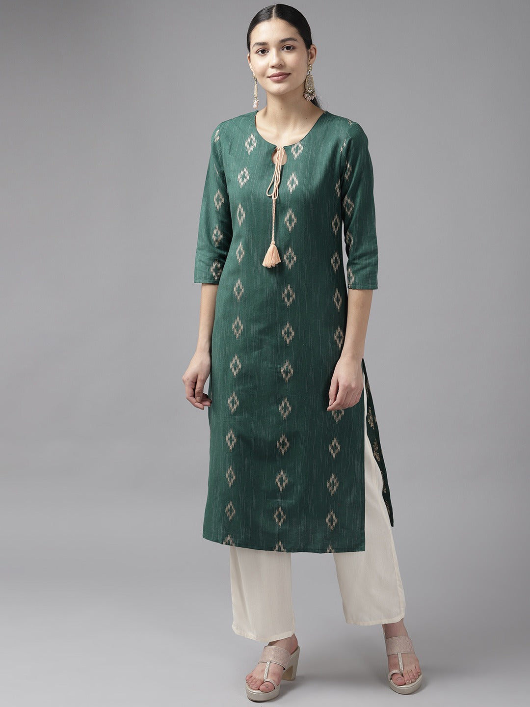 Women's Green Woven Design Straight Kurta - Yufta