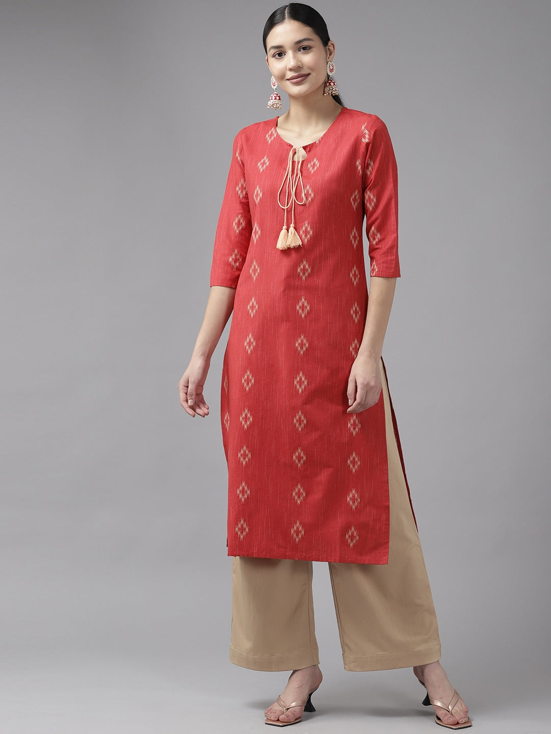 Women's Red Woven Design Straight Kurta - Yufta