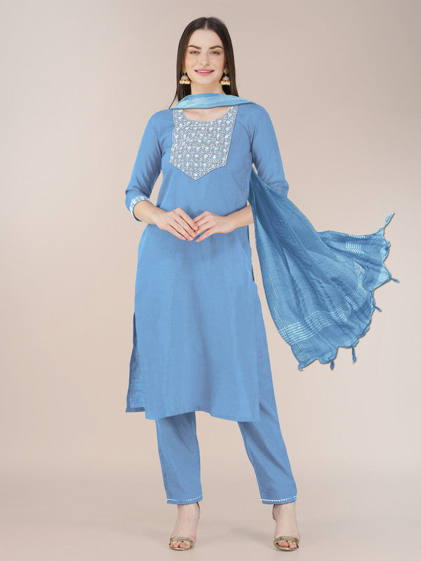 Women's Sky Blue Cotton Blend Embroidery Kurta Pant Set - Malishka Export