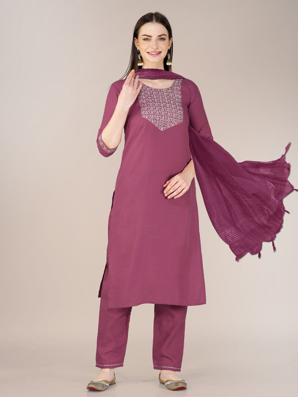 Women's Wine Cotton Blend Embroidery Kurta Pant Set - Malishka Export