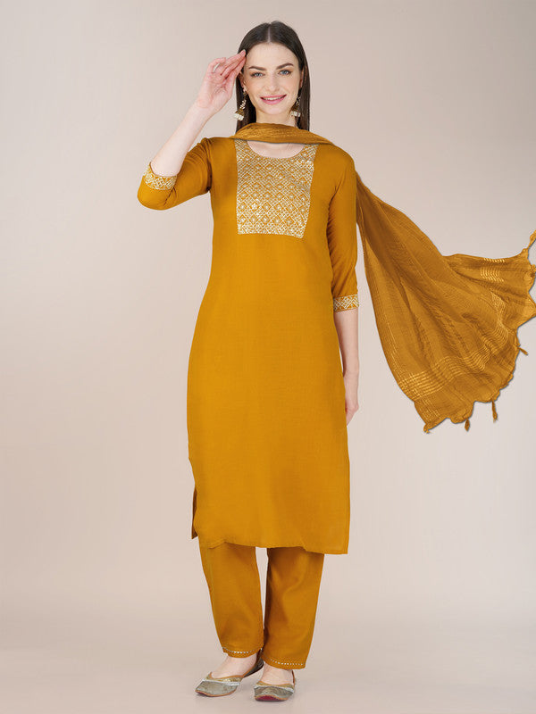 Women's Yellow Cotton Blend Embroidery Kurta Pant Set - Malishka Export