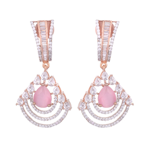 Modern Rose Quartz Danglers Pastel Pink Drop Earrings Ad Studded Rose Gold Plated for Women and Girls - Saraf RS Jewellery