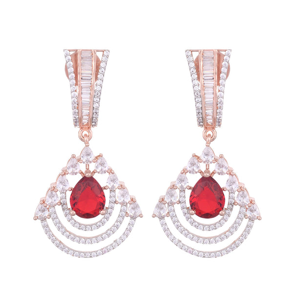 Modern Ruby Danglers Red Drop Earrings Ad Studded Rose Gold Plated for Women and Girls - Saraf RS Jewellery