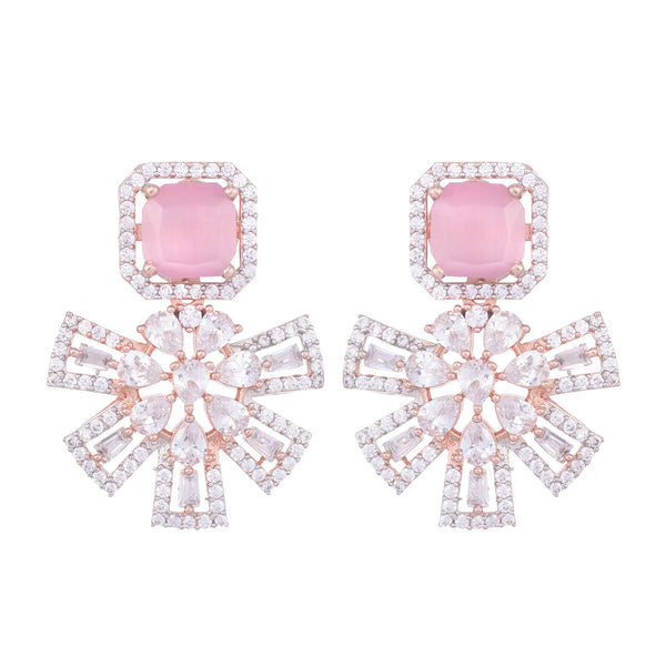 Exquisite Rose Quartz Floral Design Pink Earrings Rose Gold Plated American Diamond Studded for Women and Girls - Saraf RS Jewellery