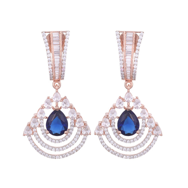 Modern Sapphire Danglers Blue Drop Earrings Ad Studded Rose Gold Plated for Women and Girls - Saraf RS Jewellery