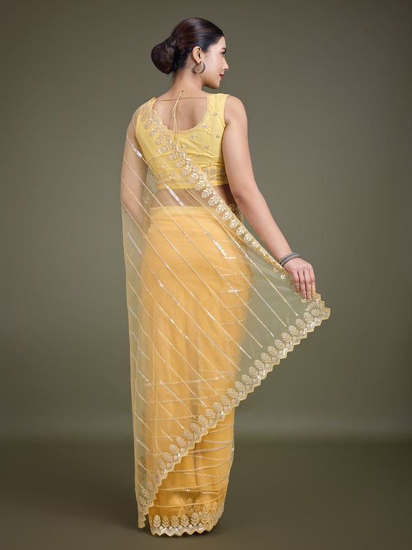 Women's Yellow Sequin Work Soft Net Saree  - Monjolika Fashion