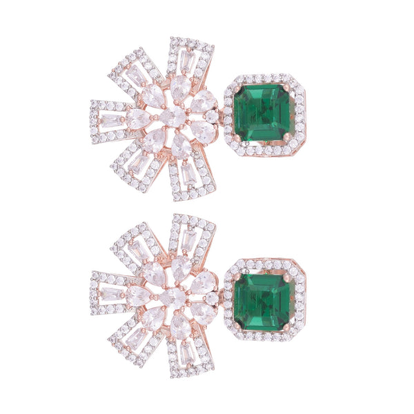 Exquisite Emerald Floral Design Green Earrings Rose Gold Plated American Diamond Studded for Women and Girls - Saraf RS Jewellery