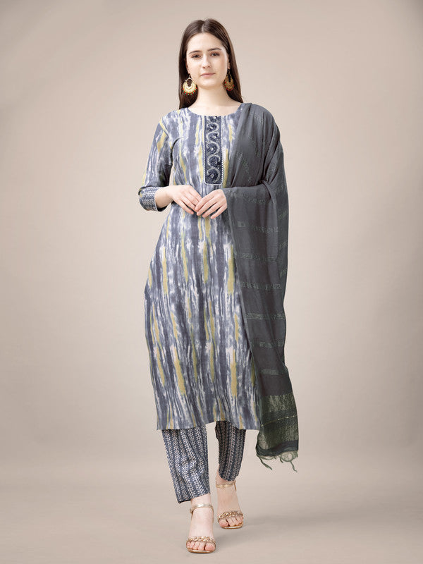 Women's Grey Rayon Printed Embroidered Kurta Pant Set - Malishka Export