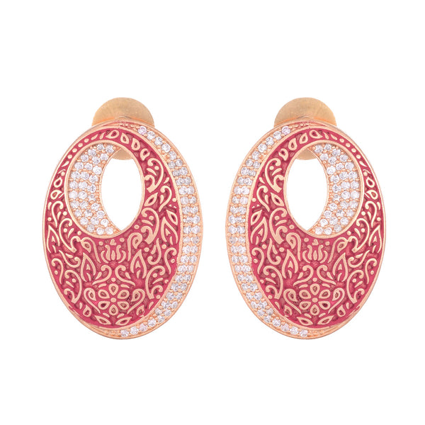 Oval Red Meenakari Small Earrings High Quality Enamelled Rose Gold Plated for Women and Girls - Saraf RS Jewellery