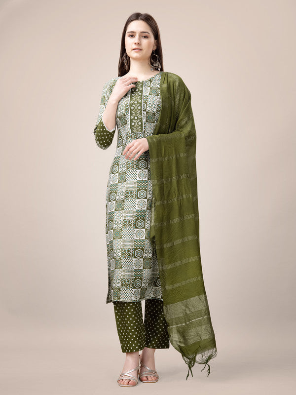 Women's Mehendi Rayon Printed Embroidered Kurta Pant Set - Malishka Export