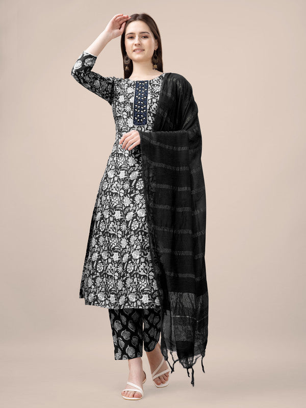 Women's Black Rayon Printed Embroidered Kurta Pant Set - Malishka Export