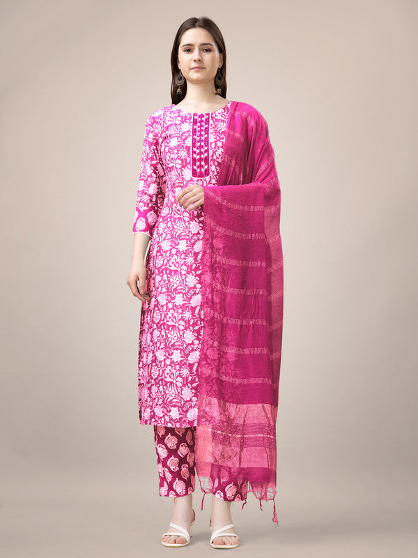 Women's Pink Rayon Printed Embroidered Kurta Pant Set - Malishka Export