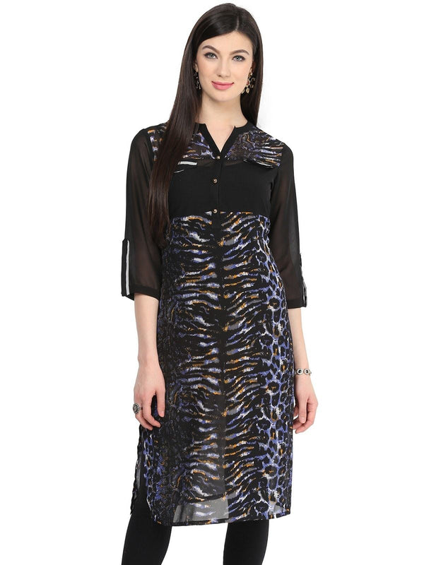 Women's Blue Tiger Print Kurti - Pannkh