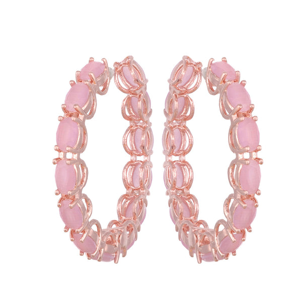 Rose Quartz Studded Hoops Rose Gold Plated Pastel Baby Pink Round Big Earrings for Women and Girls - Saraf RS Jewellery