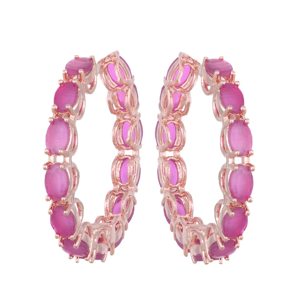 Magenta Studded Hoops Rose Gold Plated Pink Round Big Earrings for Women and Girls - Saraf RS Jewellery