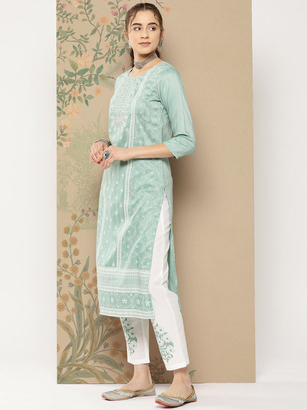 Women's Teal Green Floral Straight Kurta Trouser And Dupatta Set - Yufta