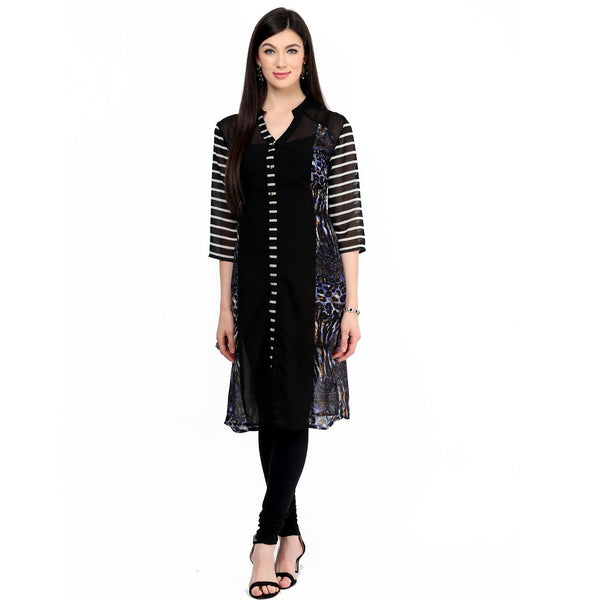 Women's Blue Printed Raglan Panelled Kurti - Pannkh