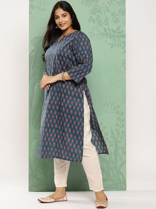 Women's Blue Floral Straight Kurta - Yufta